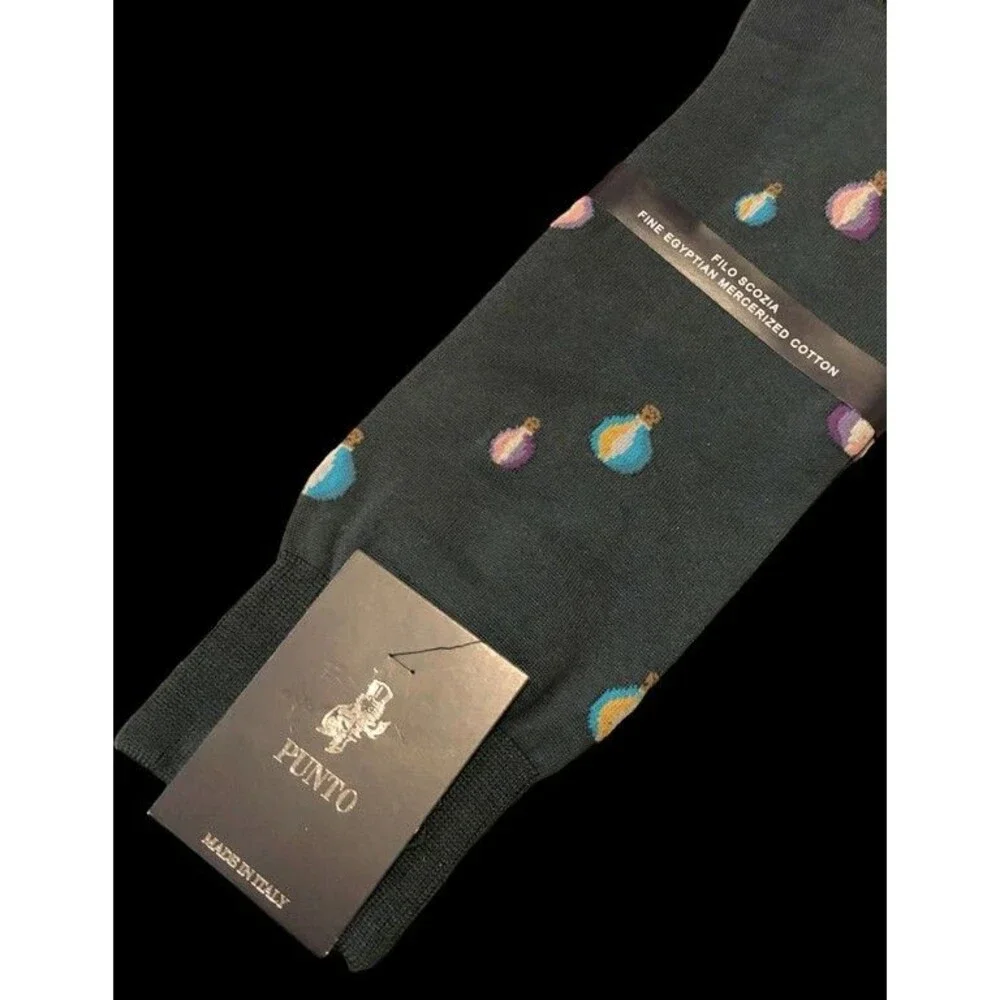 Punto Italian Mens Dress Socks Cotton Dark Green Hot Air Balloon Italy Sz 10-13